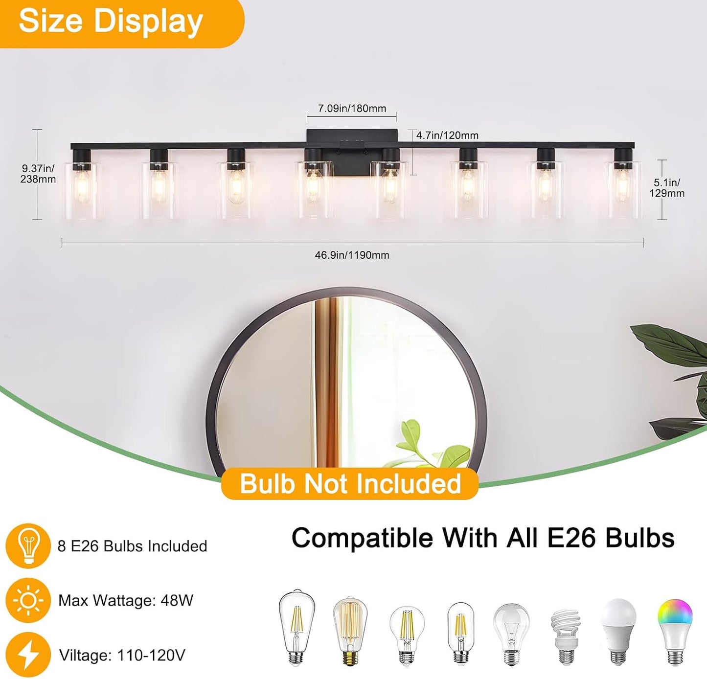 Lámpara tocador 8 luces 50pulg vidrio transparente resistente