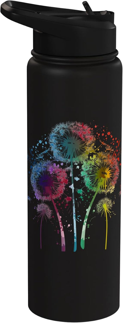 Botella de agua acero inoxidable aislada con pintura de flores de diente de león