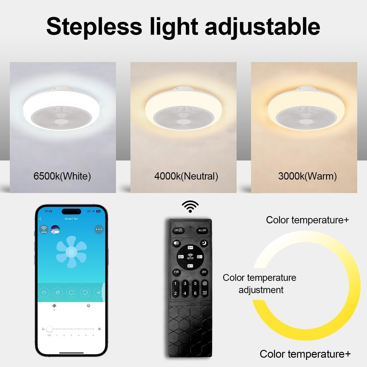 Ventilador techo LED 20pulg APP 6 vel 4 modos luz