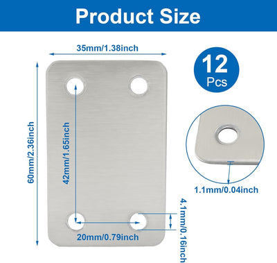 Pack 12 placas acero inox 2.4x1.5pulg conector reparación mueble