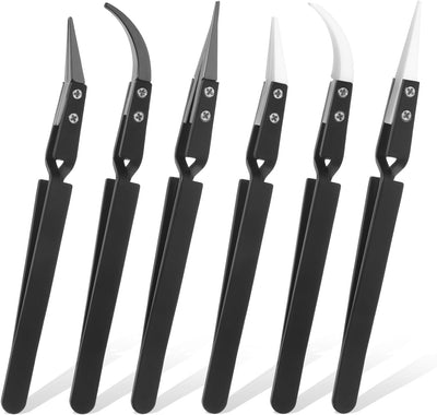 6 Pinzas Cerámica Soldar Antimagnéticas Puntas Curvas Negro