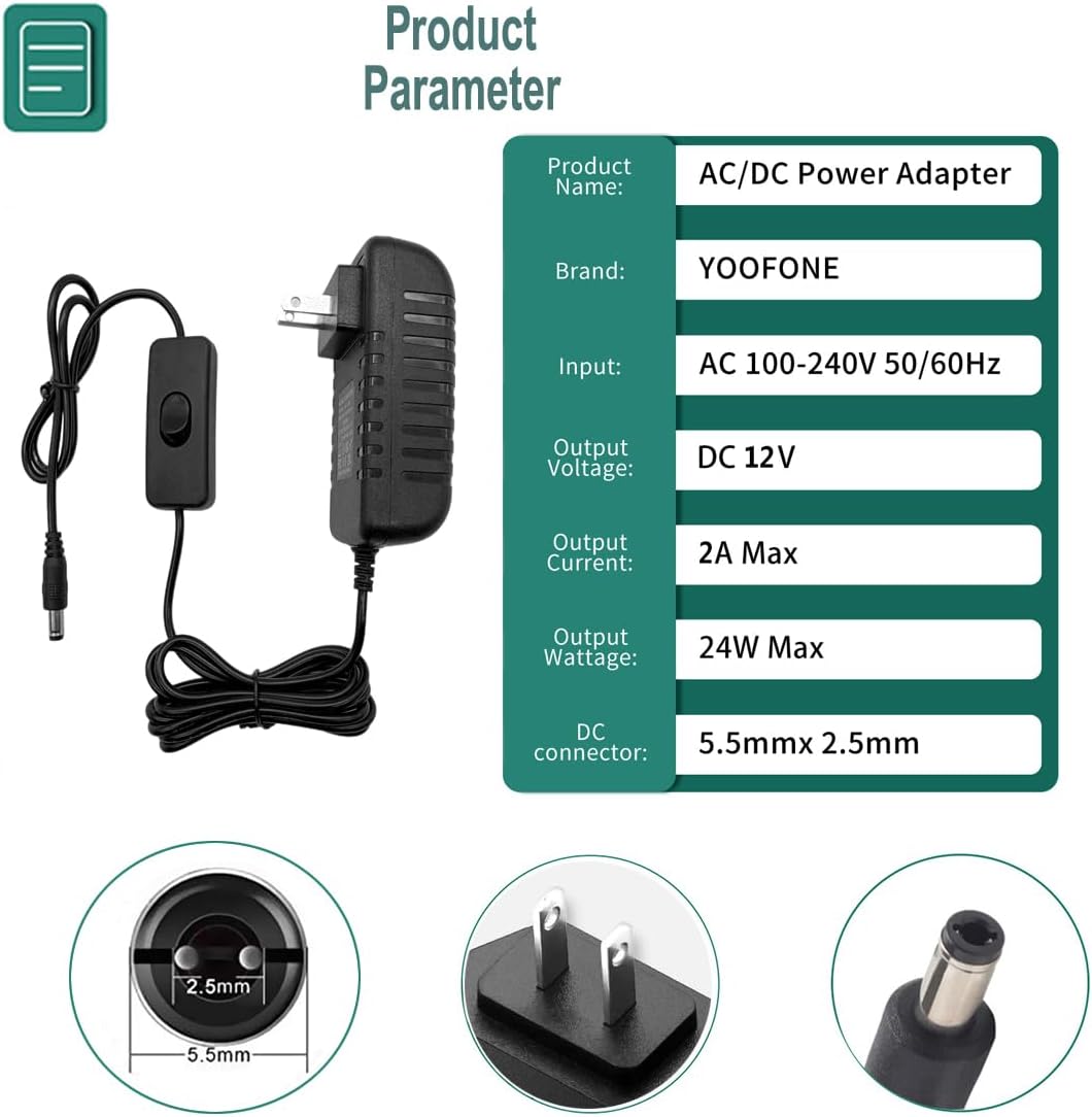 Adaptador de corriente 12V 2A con cable 6.2ft y enchufe 5.5x2.5mm