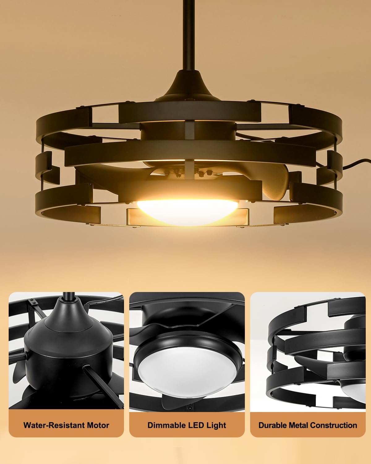 Ventilador techo 20pulg luz enjaulada negro control remoto