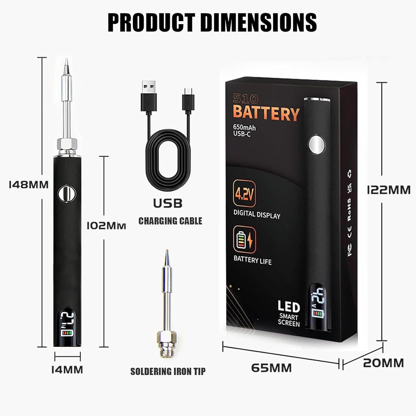 Bolígrafo batería rosca 510 recargable LED ajustable 650mAh