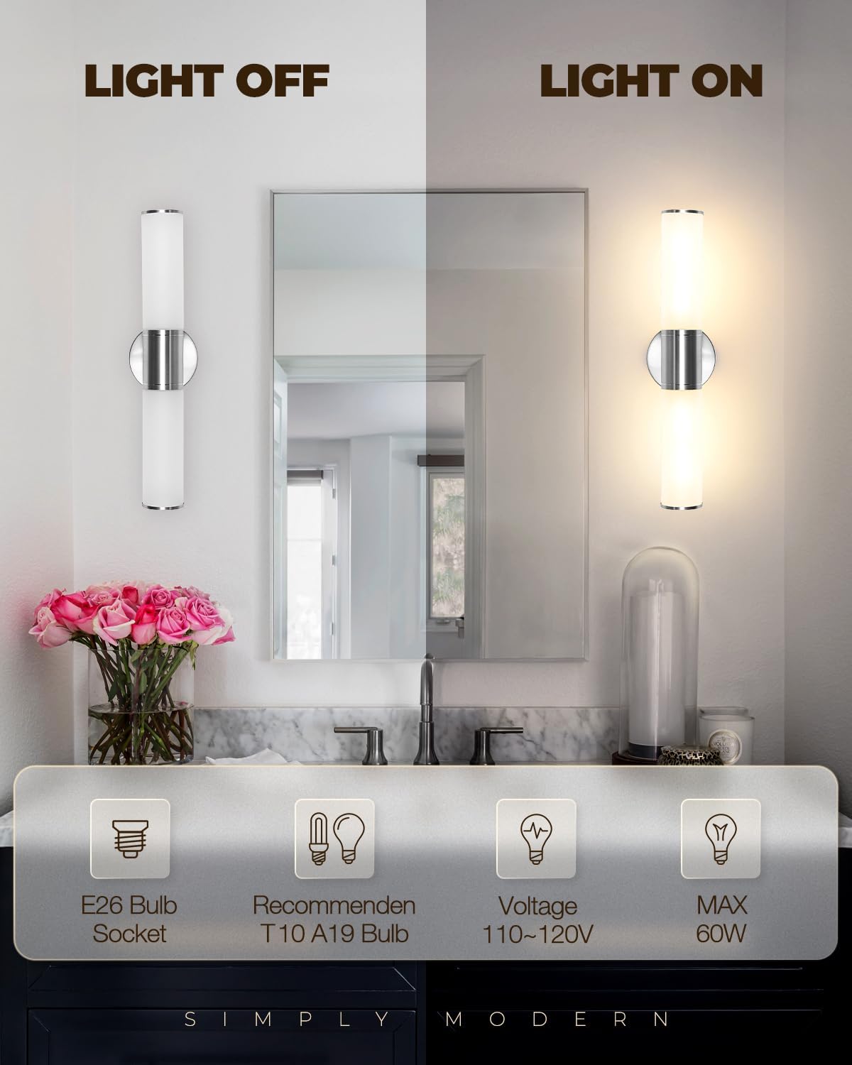 Lámpara pared baño 2 luces níquel cepillado vidrio opalo E26