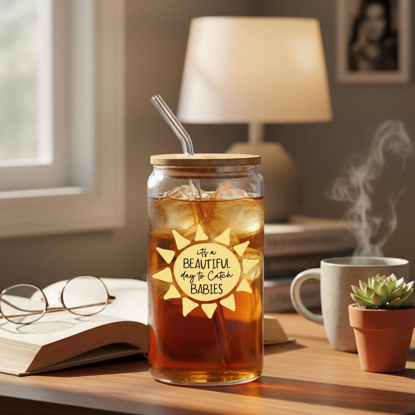Vaso de vidrio para enfermeras con tapa y pajilla 14 oz regalo boho