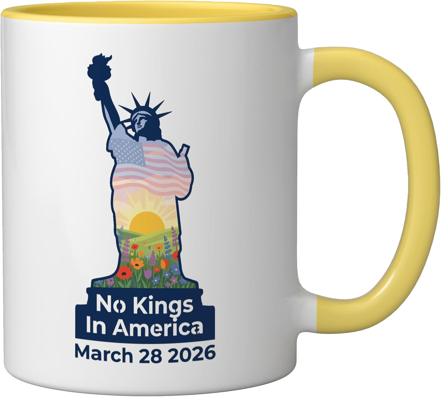 Taza cerámica floral patriótica No Kings In America amarilla/blanca