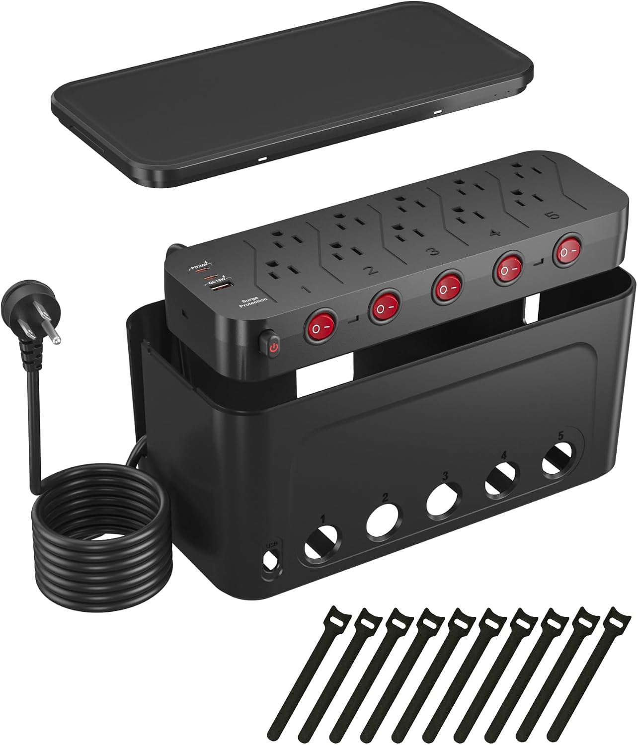Regleta alimentación 10 puertos CA 3 USB 6ft