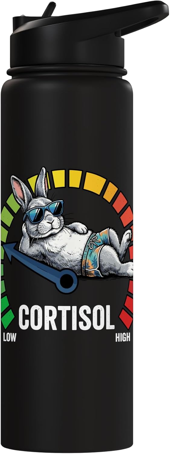 Botella agua acero inox aislada con meme conejo bajo cortisol