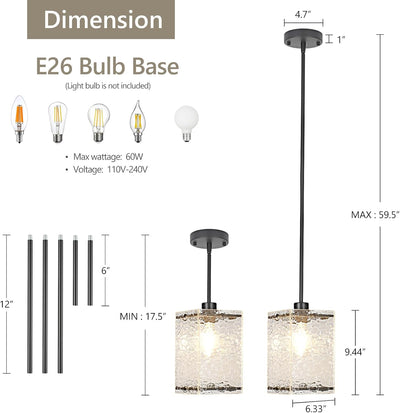 Luces colgantes vidrio ondulado negro para cocina ajustables set 3