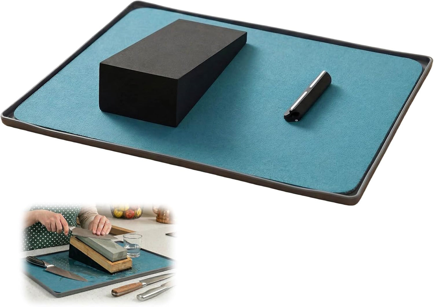 Kit afilado de cuchillos sin ensuciarse con bandeja de silicona y matas absorbentes