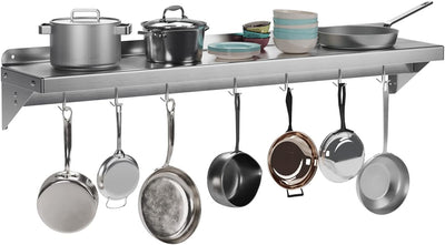 Estante pared cocina acero inox 12x48pulg con ganchos