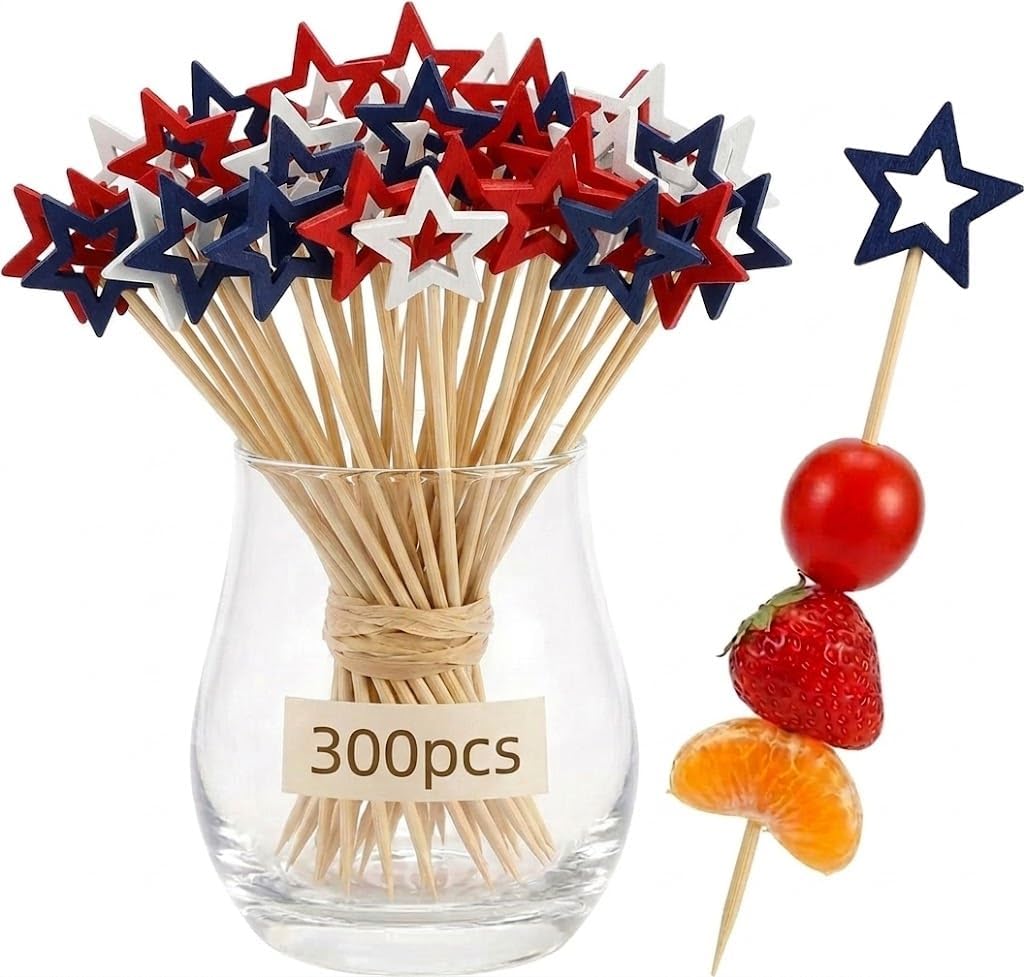 300 Pzas Palillos Bambú 5pulg Estrellas Rojas Blancas Azules