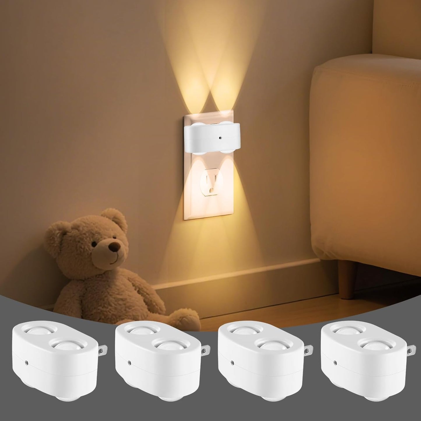 4 Luces LED Nocturnas Enchufables Sensor Luz 3000K