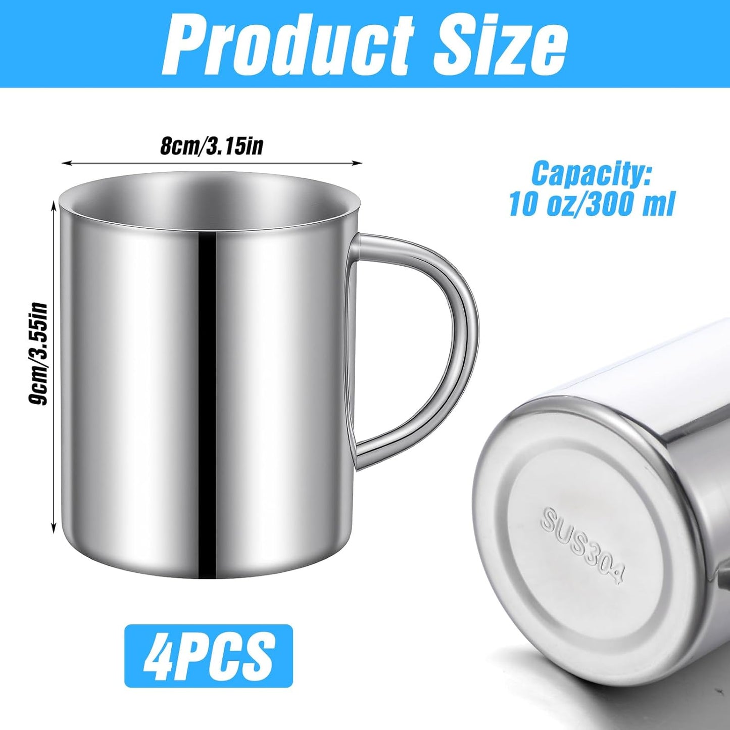 Juego de 4 tazas de café pequeñas de acero inoxidable doble pared con asa