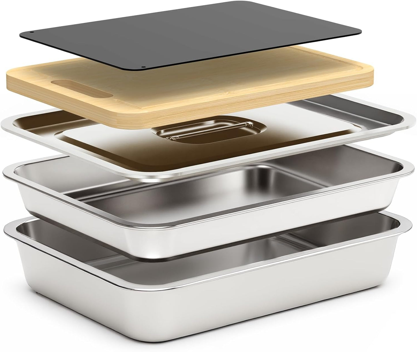 Set 5 bandejas acero inox parrilla con tapa y tabla cortar