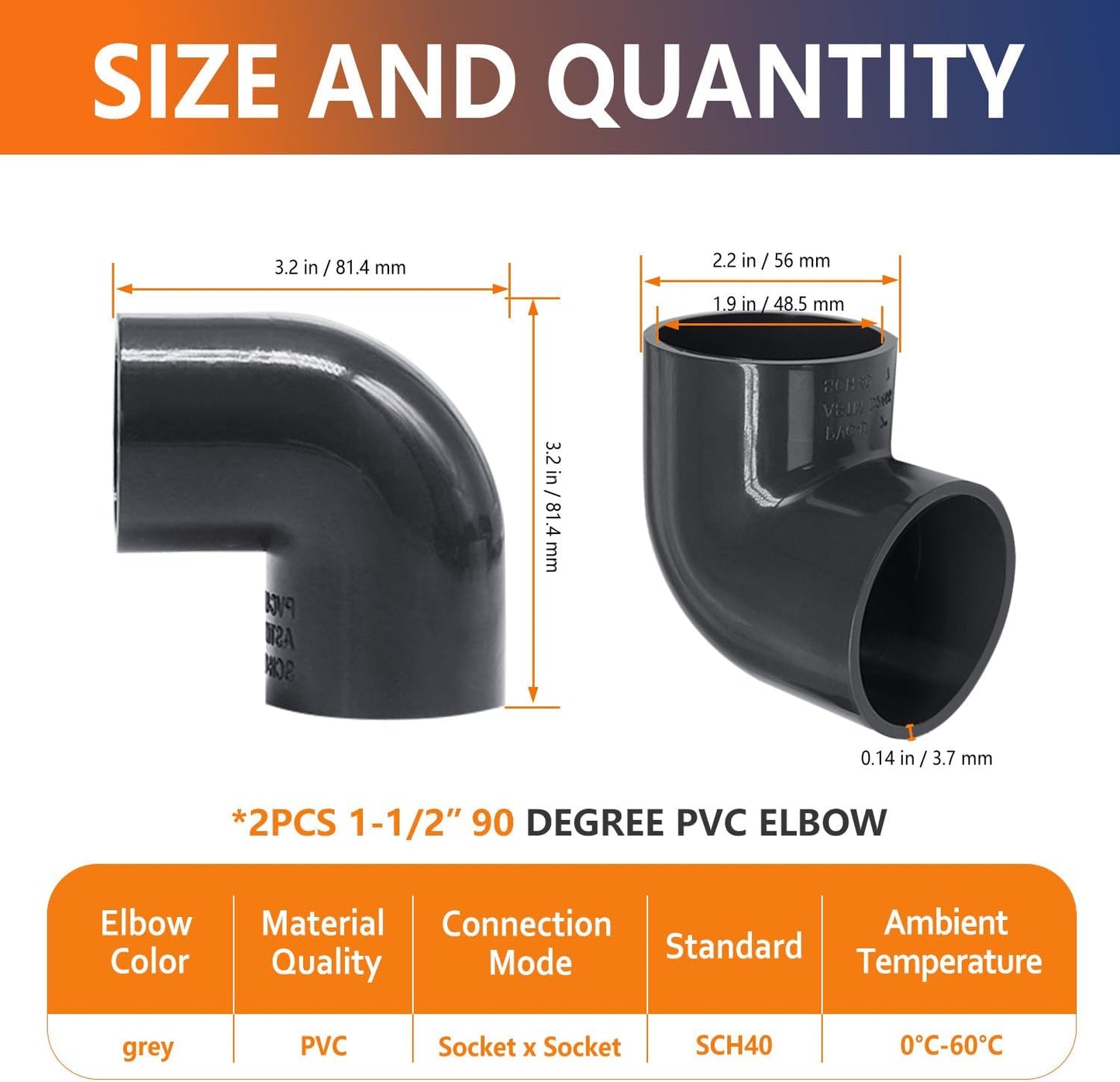 2 Pzas Codo PVC Gris 1-1/2" Schedule 40