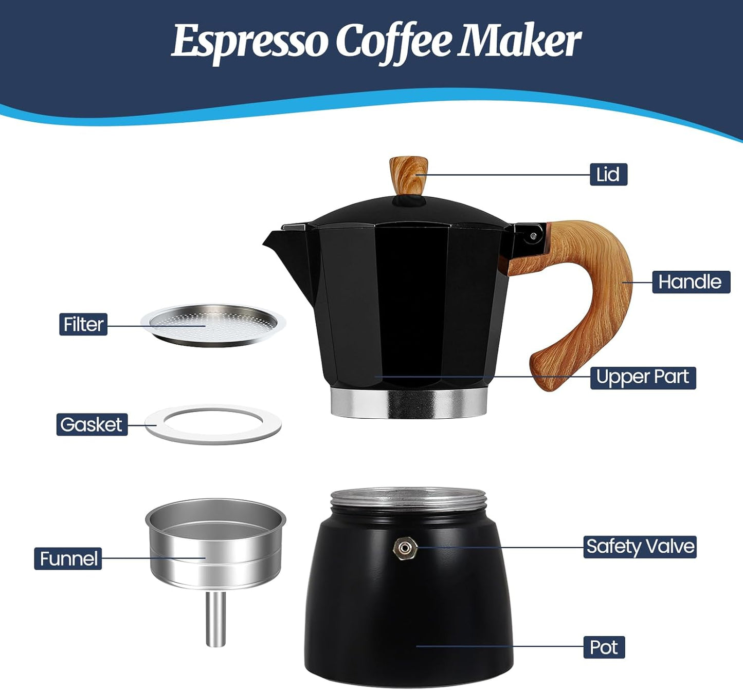 Cafetera italiana de aluminio Moka Pot 3 tazas negro