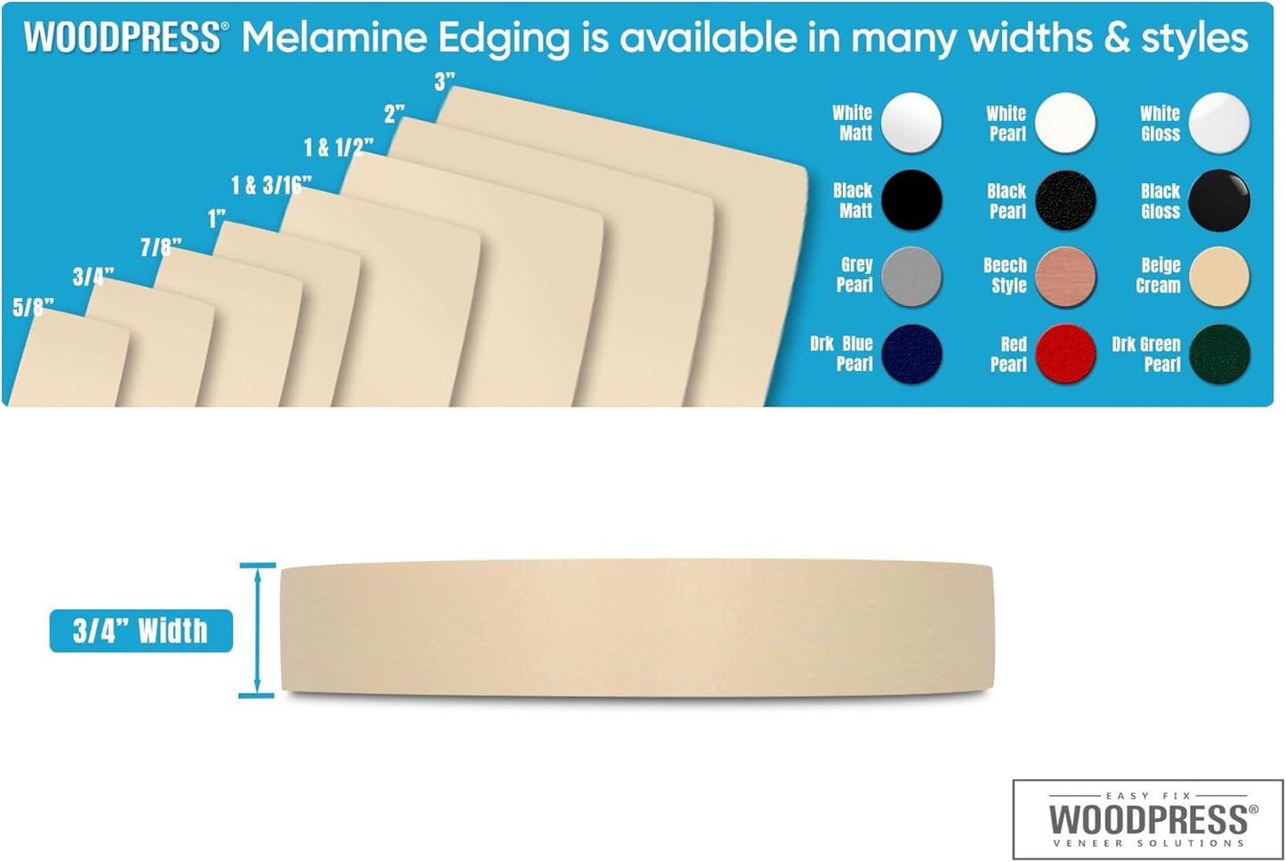 Bordes termoadhesivos melamina beige 3/4pulg cinta 25pies