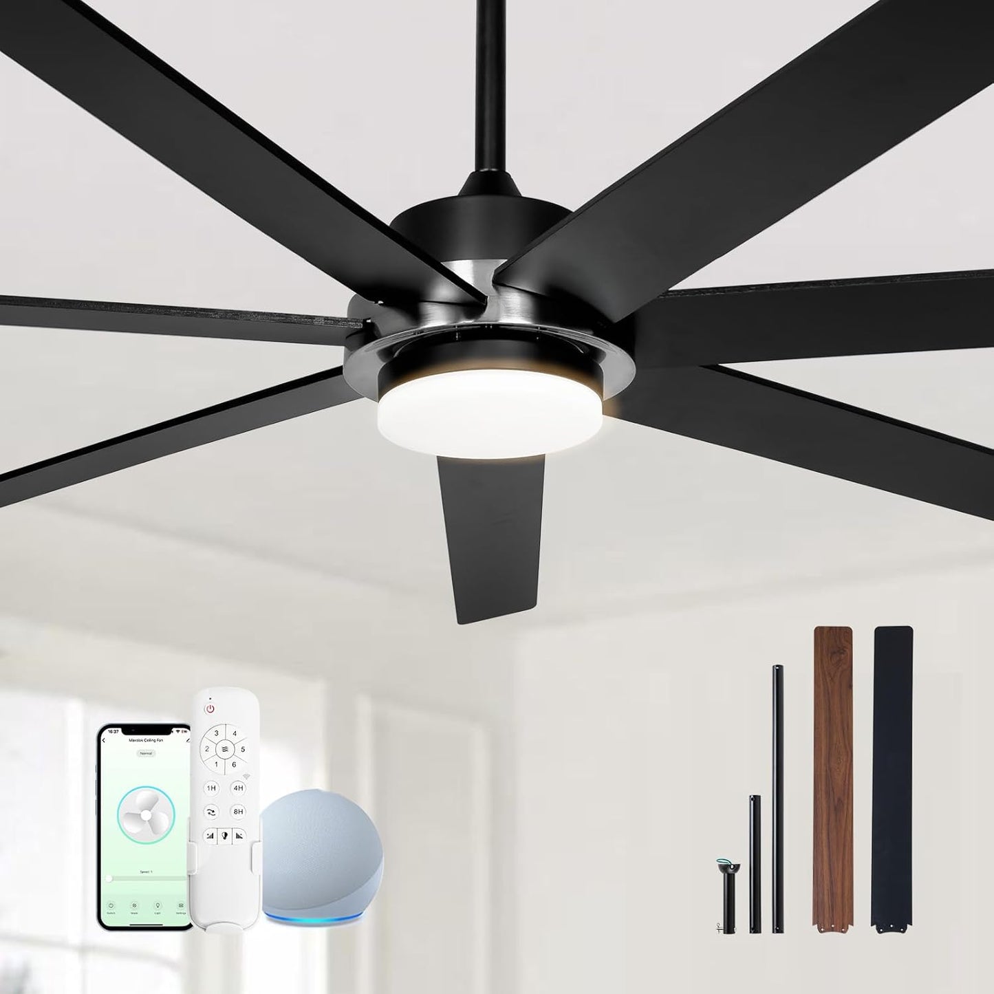 Ventilador techo 72pulg luces Alexa 6 velocidades motor CC