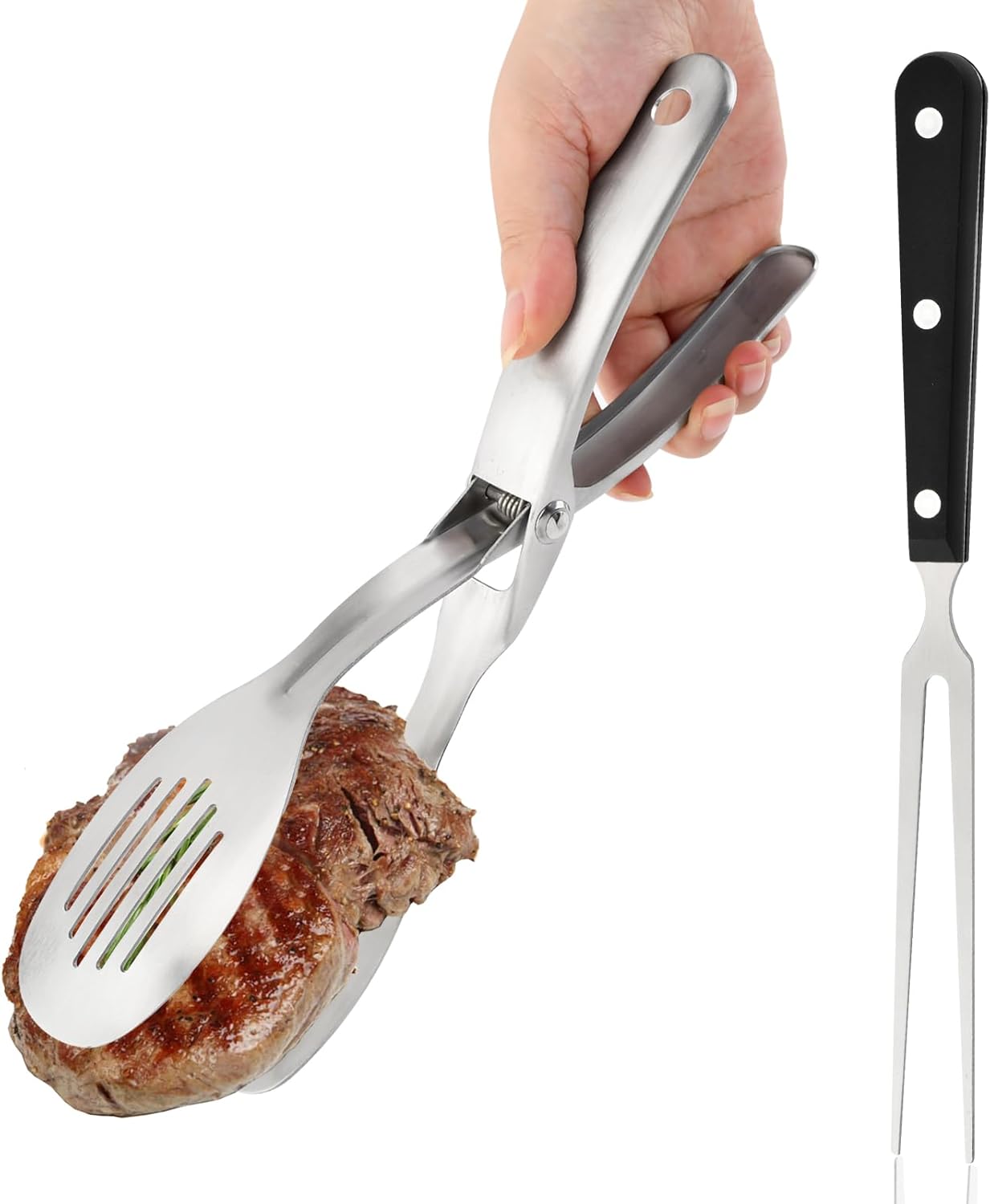 Pinzas de cocina de acero inoxidable con tenedor de tallar