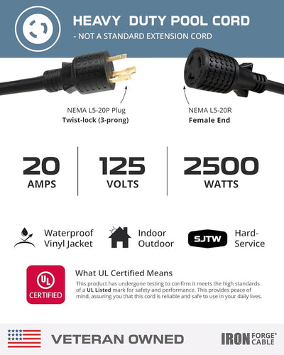 Cable extensión NEMA L5-20P 6 pies para piscina resistente