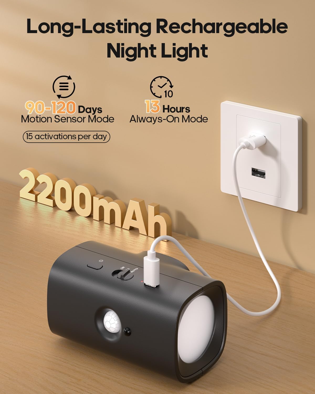 Luz nocturna recargable sensor movimiento blanca cálida pack 2