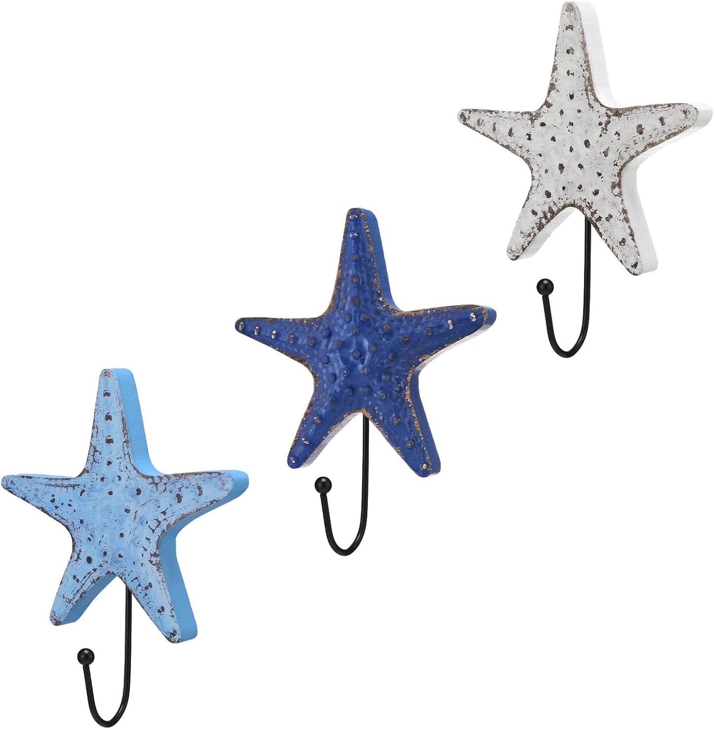 3 Ganchos Madera Estrella Mar Rústico Colgador Pared