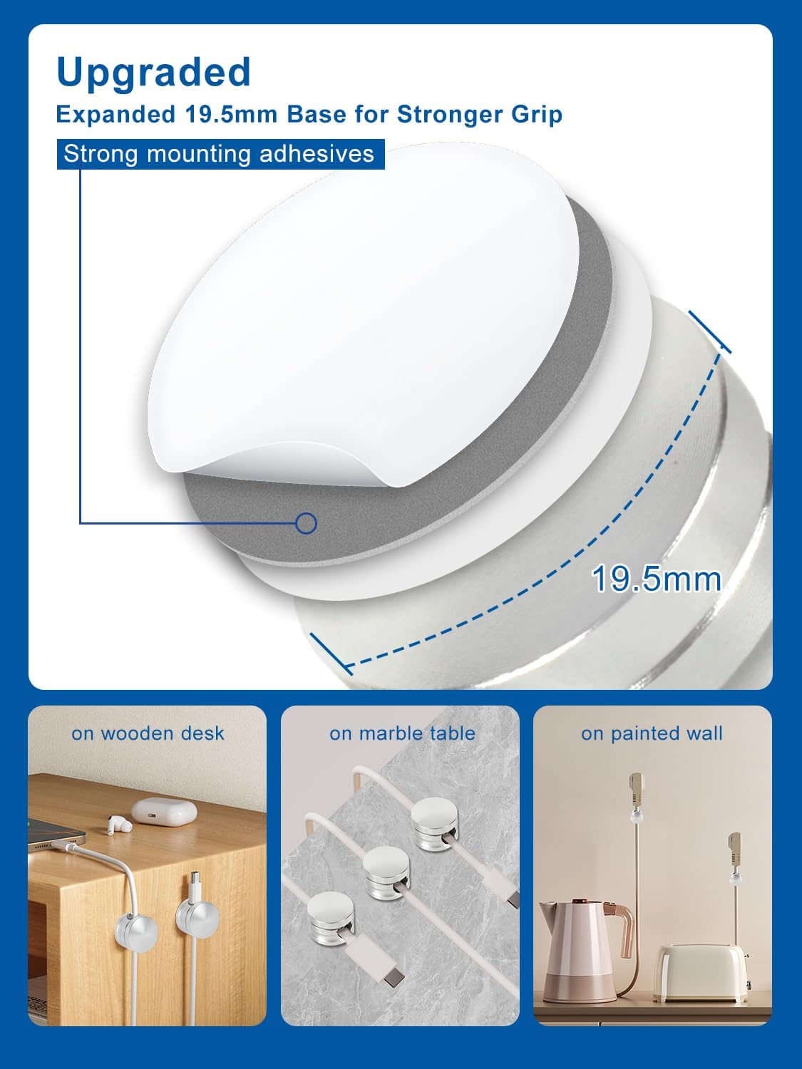 Soporte cable aluminio plateado con base adhesiva set 3