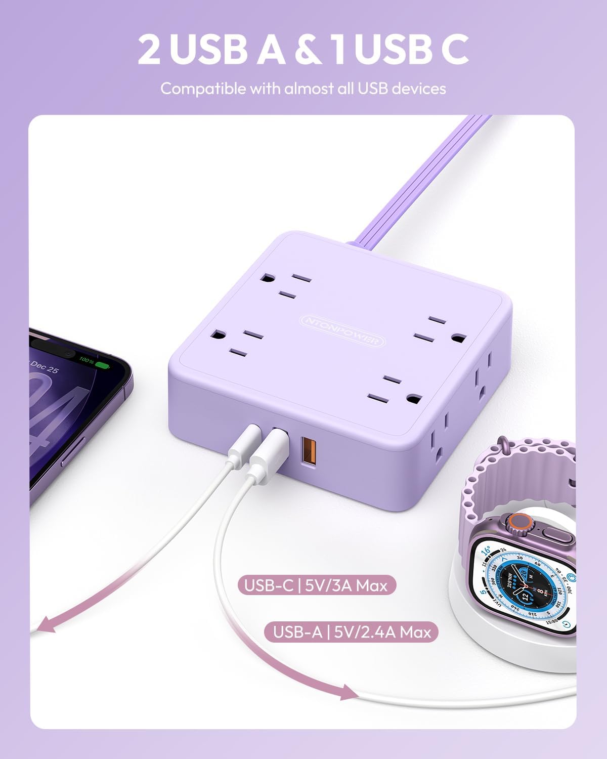 Cable extensión morado 5ft regleta sobretensiones 8 tomas USB 3