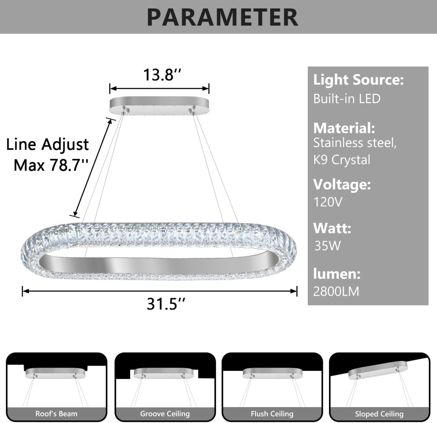 Lámpara cristal anillo ovalado 32pulg LED regulable sala comedor
