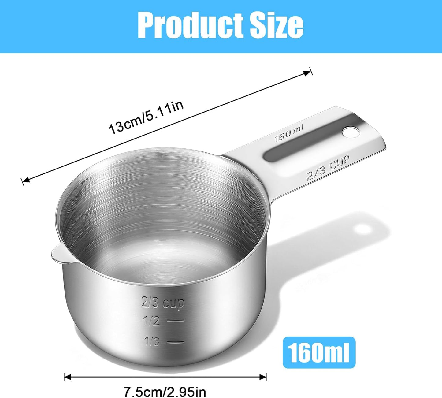 Taza medidora acero inox 2/3 tazas 5.4oz con escala interior