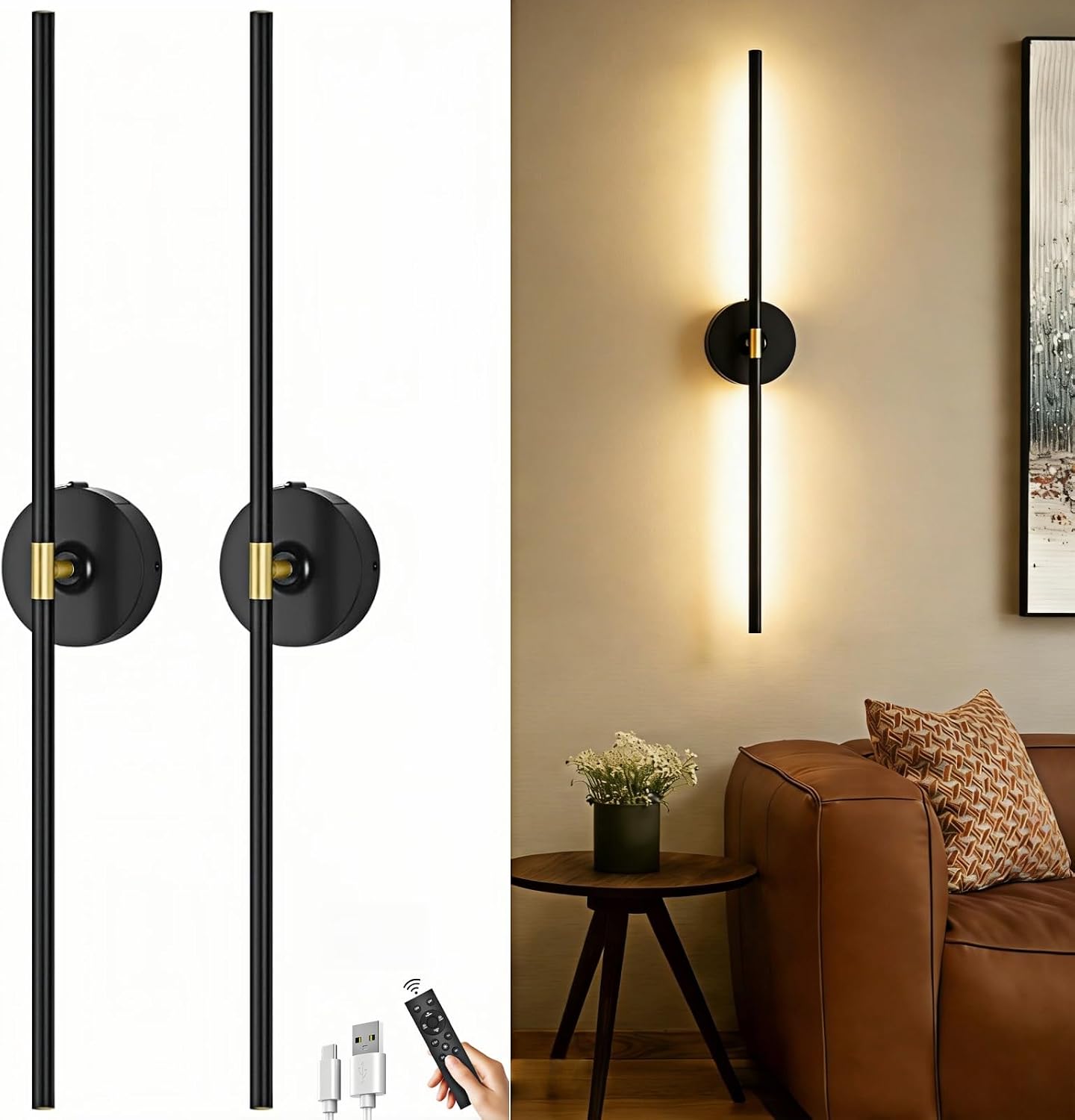 Lámpara pared inalámbrica 10000mAh set 2 control tactil 31.5pulg negro