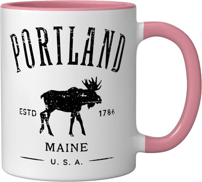 Taza Cerámica Portland Maine Con Moose Desgastado Rosa/Blanco