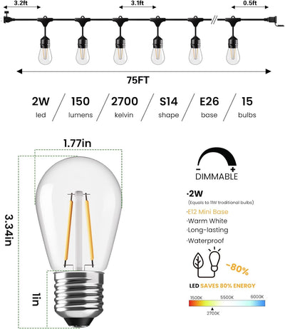 Tira luces exterior 75ft 26 LED S14 IP65 impermeable