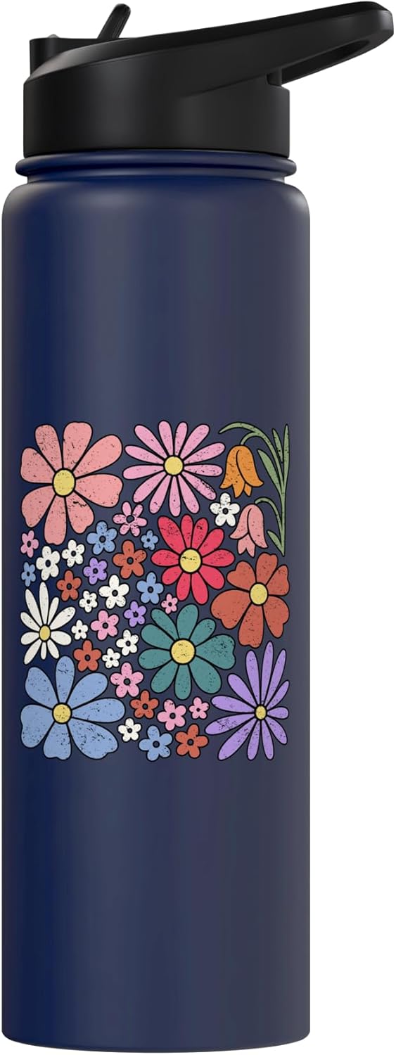 Botella de agua aislada de acero inoxidable con flor silvestre