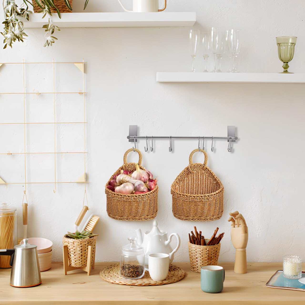 Cesta tejida para colgar almacenamiento cocina bohemia pastoral