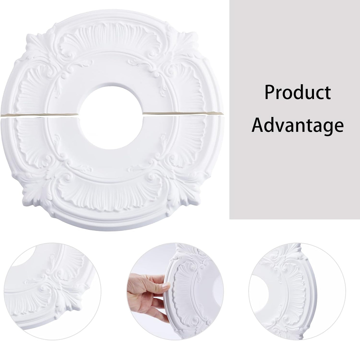 Medallón techo dividido ventilador 12pulg placa poliuretano blanco