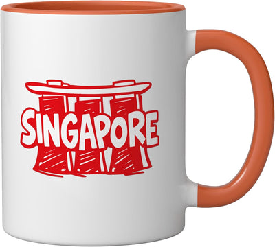 Taza cerámica souvenir viaje minimalista Singapur con parche naranja/blanco