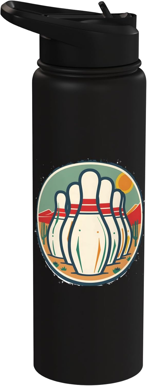 Botella de agua acero inoxidable aislada estilo retro bolos