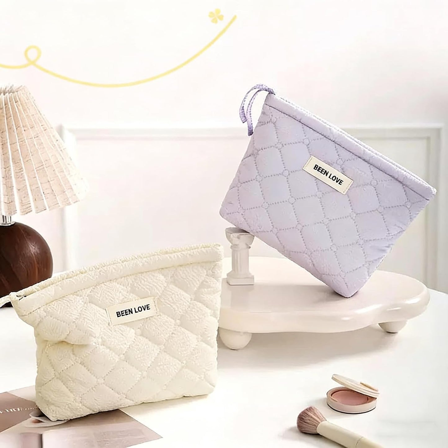 Bolsa maquillaje portátil con cremallera para mujer Beige