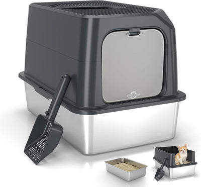 Caja arena acero inox gatos tapa gris resistente olor