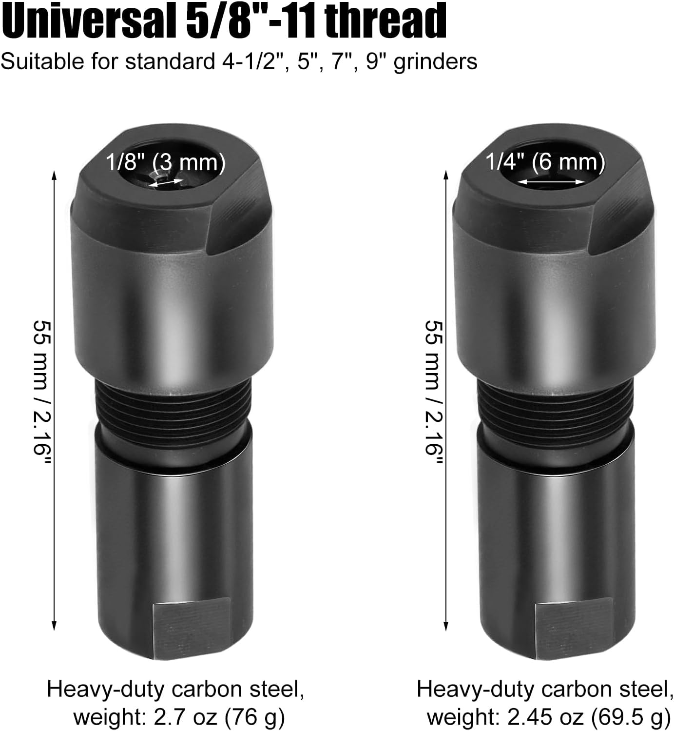 2 Adaptadores Amoladora Troquel Acero Carbono Eje 5/8-11pulg
