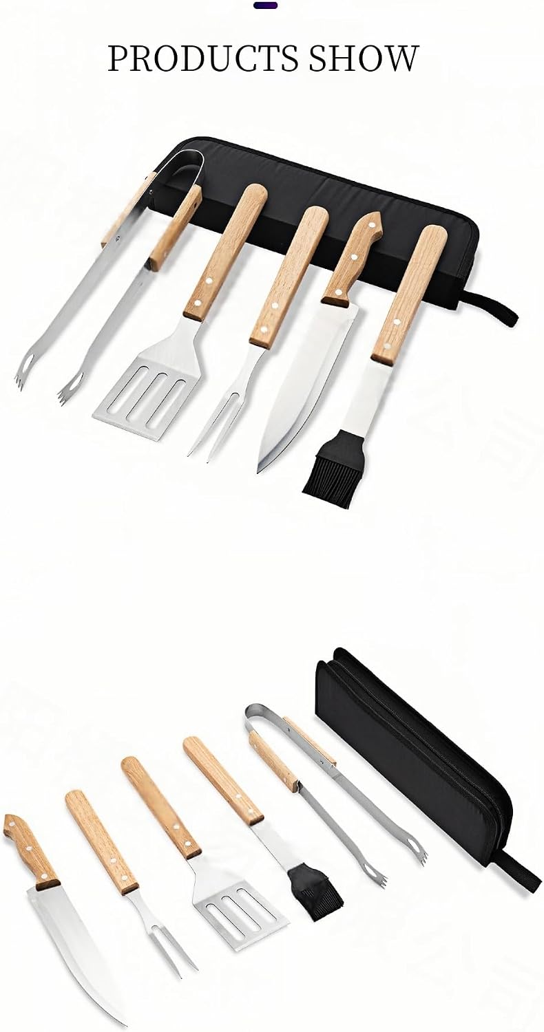 Juego herramientas parrilla acero inox asas madera