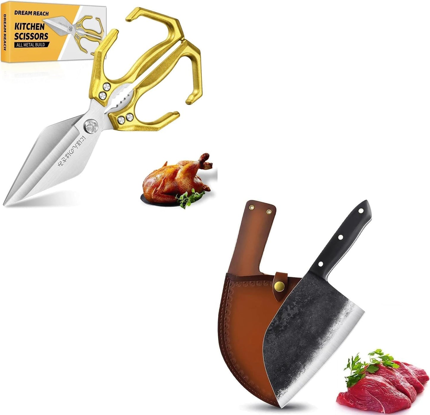 Cuchillo de cocina serbio Dream Reach con funda de cuero y tijeras pesadas doradas