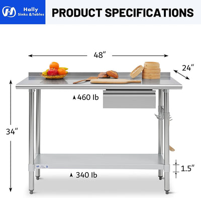 Mesa preparación acero inox 24x48pulg NSF cajón bandeja extraible