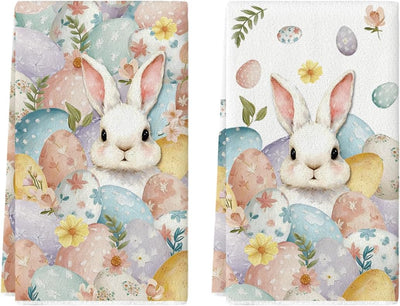 Juego de 2 toallas de cocina con diseño de huevos de conejo y flores para Pascua