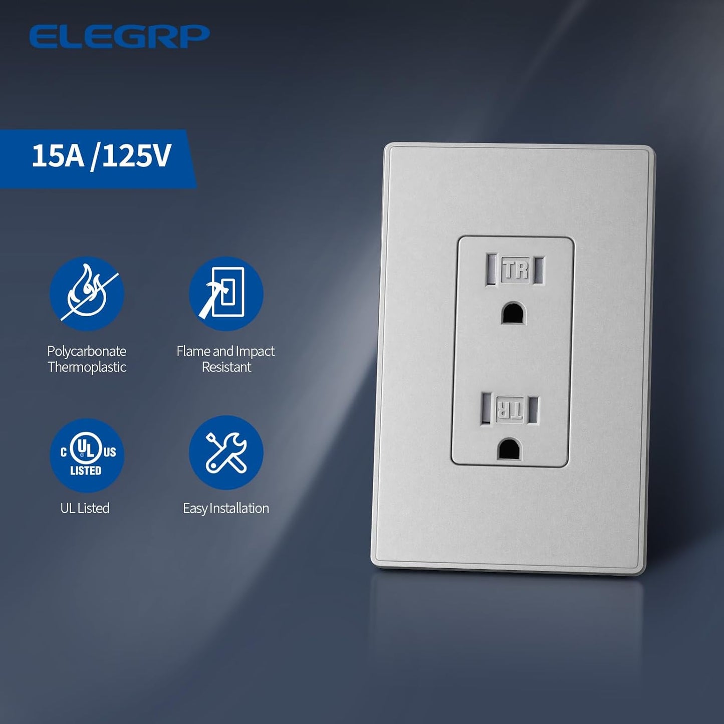 Toma eléctrica pared gris mate resistente TR 15A 125V