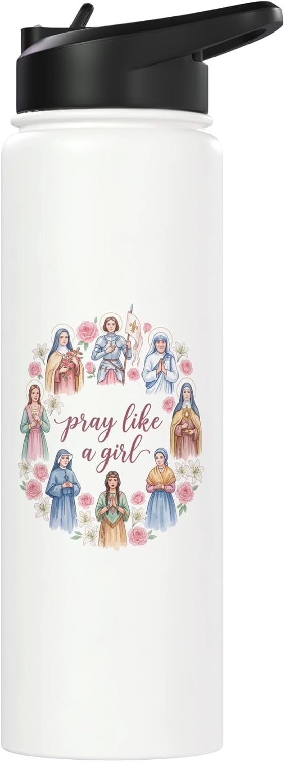 Botella de agua acero inoxidable aislada con flores para mujer santidad católica