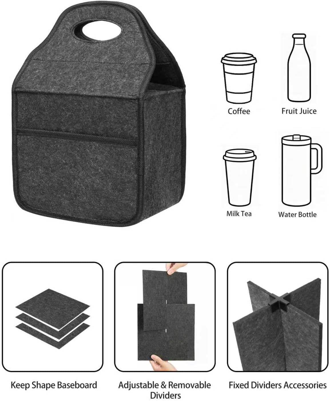 Porta bebidas de 4 tazas con asa de fieltro reutilizable